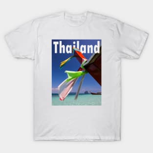 Thailand beach scene of a long tail boat on idyllic shores, typography. T-Shirt